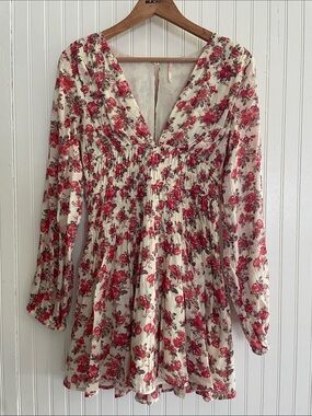 Free People Cream Cotton Mini Dress with Red/Orange Rose Floral Print
